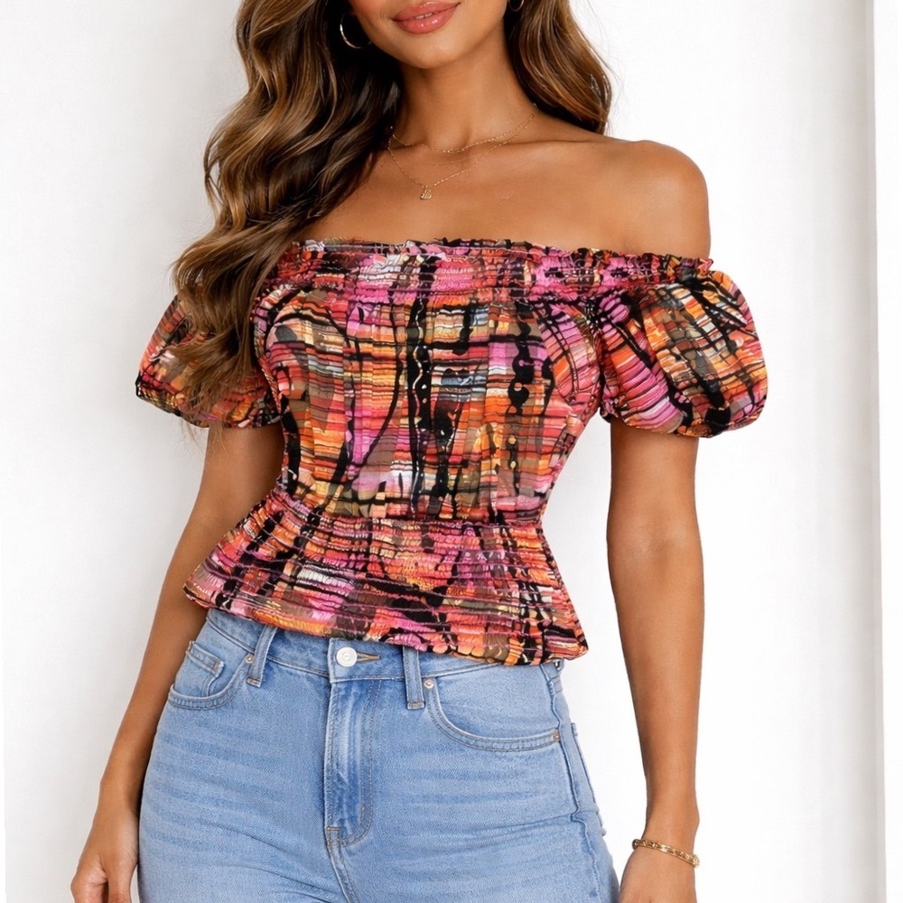 Vintage Small Abstract Pink Orange Smocked Off Shoulder Top y2k 90s‎ boho
